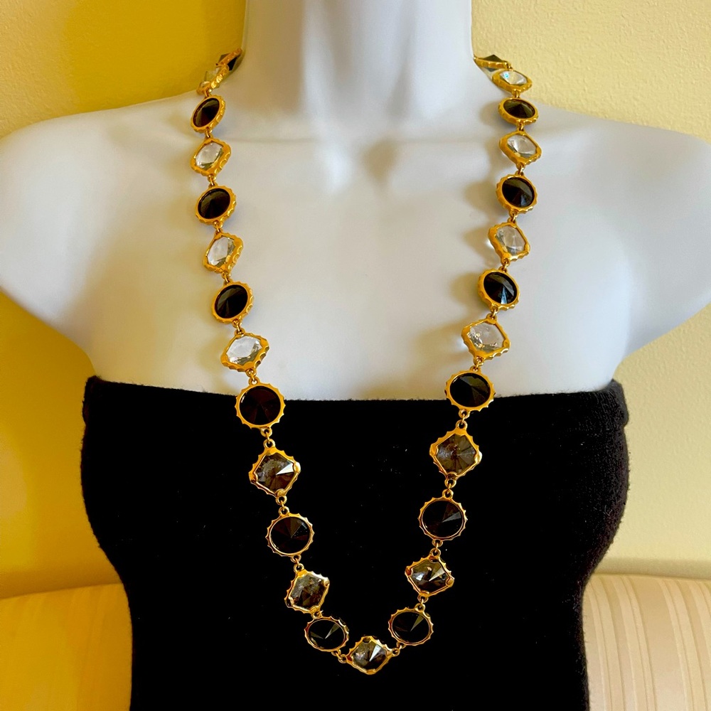 Vintage Black and Clear Cut Glass Beaded Necklace in Gold Tone Setting